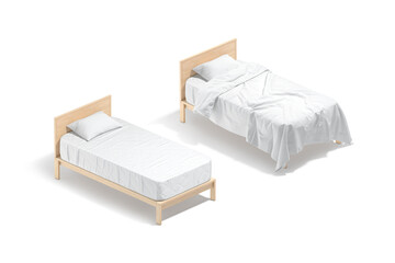 Blank wooden single bed with white bedding mockup, side view