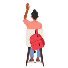 Female student cartoon character having answer sitting with raised hand on chair isolated on white