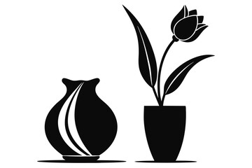 Black Silhouette Illustration Single Tulip in a Vase with Additional Decorative Empty Vase