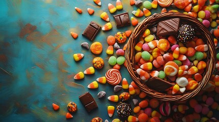 Colorful assortment of candies and chocolates in a basket.
