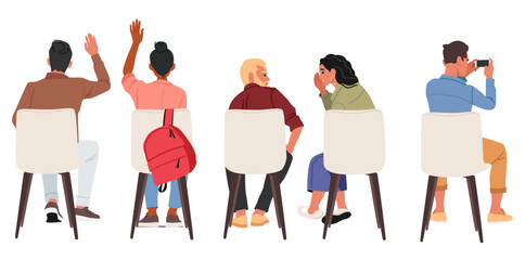 Diverse people cartoon characters participating lecture seminar backside view isolated set