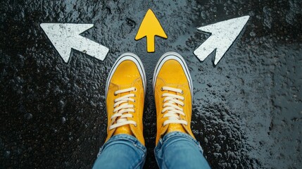 Yellow sneakers at a crossroads with three directional arrows painted on wet asphalt.