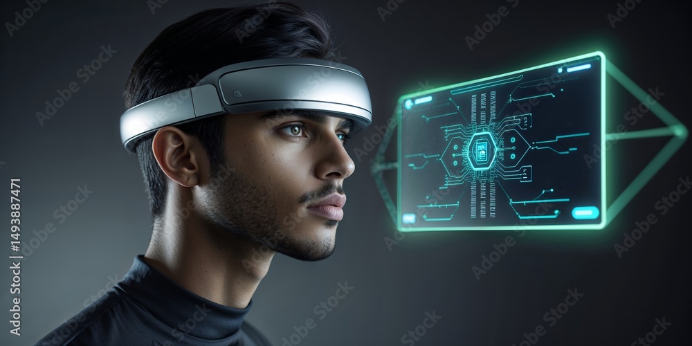 Poster young man using advanced virtual reality headset while interacting with futuristic holographic displ