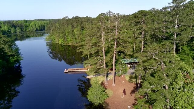 Aerial view of Gibson Pond in Lexington South Carolina on a sunny day in April