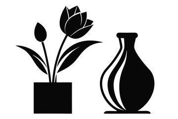 Black Silhouette of a Flower in a Pot and an Elegant Vase