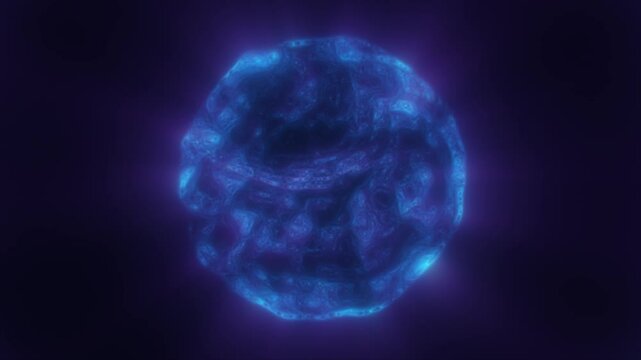 A glowing blue sphere with fluid textures, appearing as an abstract cosmic orbi in deep space background, video in high quality 4k, motion design