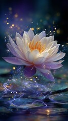 Beautiful Water Lily Blooming in Serene Blue Water Surrounded by Sparkling Light Reflections