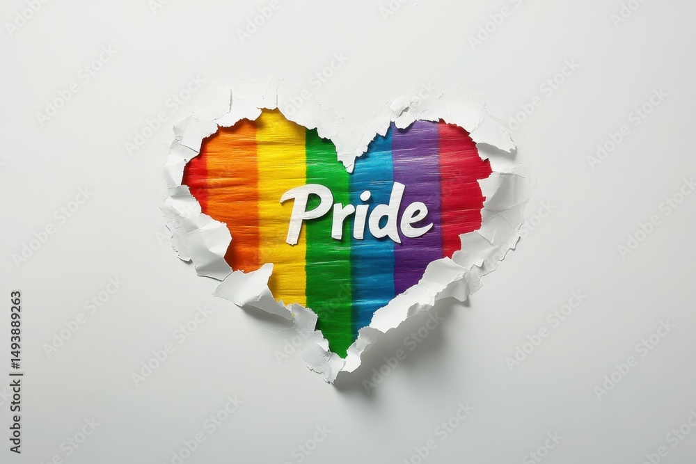 Aufkleber the rainbow heart shape of the lgbtq+ flag is visible through torn white paper on an isolated backgr