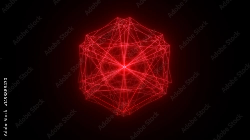 Poster glowing red geometric structure with dynamic energy lines radiating from the center on a dark backgr