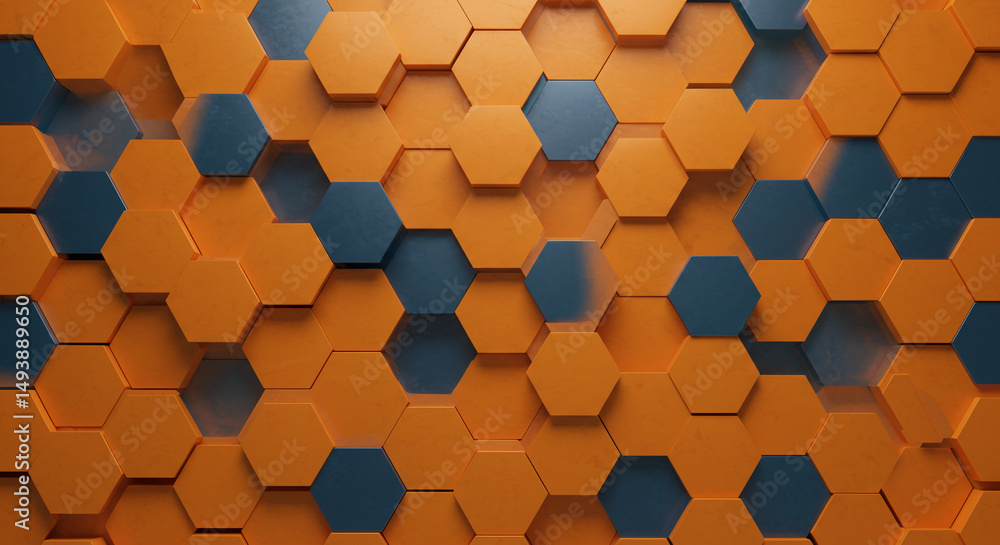 Poster abstract orange and blue geometric hexagonal pattern for background or design