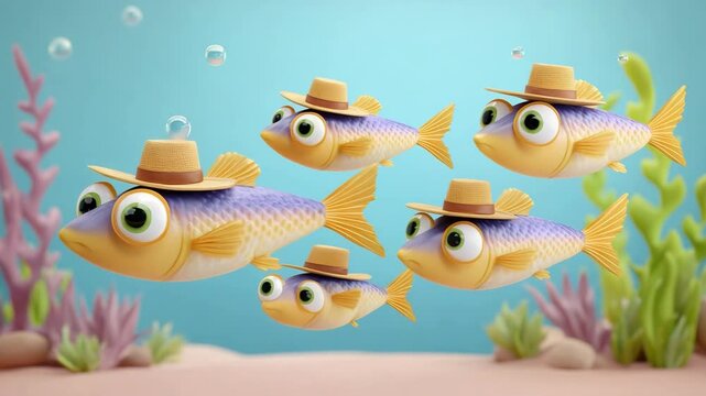 five fish wearing tiny hats swiming together underwater, exuding a sense of fun and adventure
