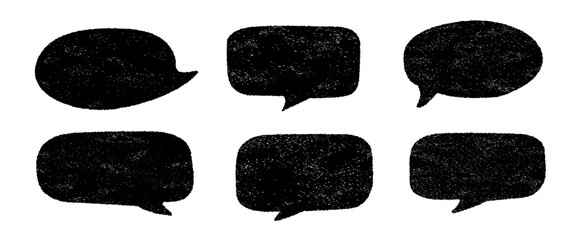 Set of six crayon-style speech bubbles and text boxes. Hand-drawn black shapes with rough chalk texture. Ideal for messages, comics, quotes, or graphic design projects.