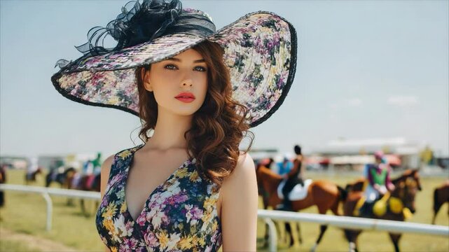 Stylish woman in floral dress and wide black hat posing at horse racing event on sunny summer afternoon