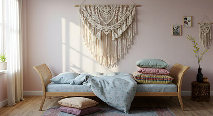 Sunlit Bedroom Decor Featuring Macrame Wall Art And Soft Pillows