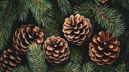 Close-up view of pine cones and evergreen branches.