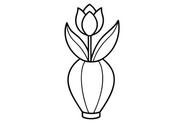 Elegant Tulip Flower with Leaves in an Ornate Vase Outline Drawing
