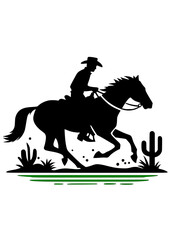 a black silhouette vector icon of a cowboy riding a horse in the desert