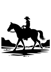 a black silhouette vector icon of a cowboy riding a horse in the desert