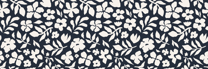 Seamless floral pattern with black silhouettes of flowers and leaves on a white background. Elegant botanical design for fabric, wallpaper, wrapping paper, textile, and digital projects. Vector art