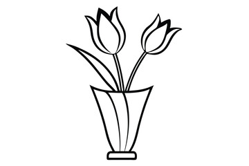 Line Art Illustration Two Tulips with Leaves in a Vase Design