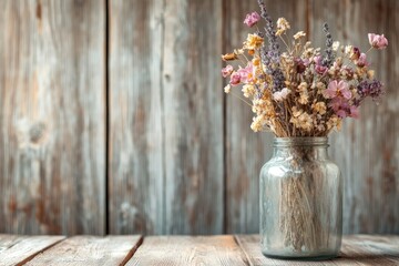 Dried flower bouquet in a glass jar against a rustic wooden background.