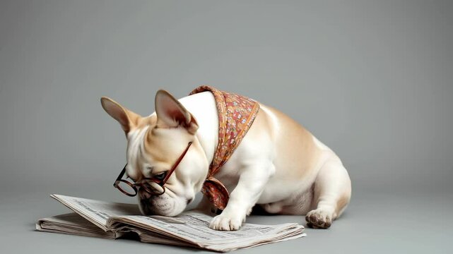 Funny French bulldog wearing glasses and scarf reading newspaper on gray background in humorous pose