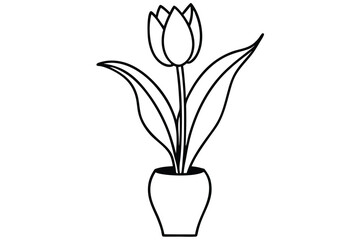 Outlined Tulip Flower With Leaves in a Vase For Coloring or Graphics