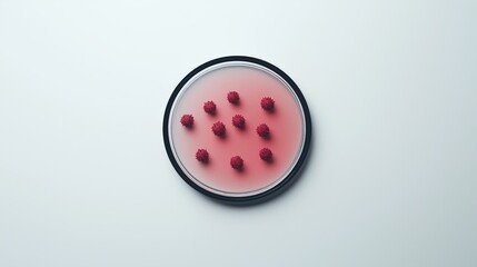 Fototapeta premium Petri dish with a red virus on a white surface. Top view.