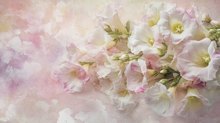 Fototapeta premium Elegant wedding invitation card background vector. Minimal hand painted Lisianthus botanical flowers texture template background. Design for wedding, vip cover, poster, rsvp moderncard.Valentine's Day