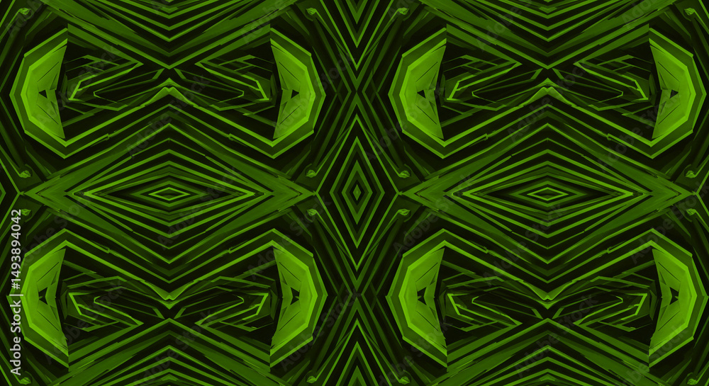 Poster abstract kaleidoscopic pattern featuring vivid green hues and geometric design creating a unique aes