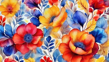 Watercolorstyle Floral Pattern in Vibrant Red, Yellow, and Blue Tones, Showcasing a Lush Bouquet Amidst an Artistic Whirlwind of Natures Exuberance and Serenity.