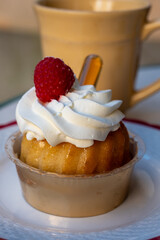 French cuisine, fresh baked baba au rum cake with chantilly cream, sweet dessert with rum close up