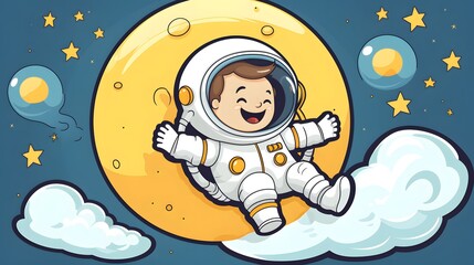 Naklejka premium Cheerful Astronaut Exploring Lunar Surface with Rocket in Outer Space Illustration