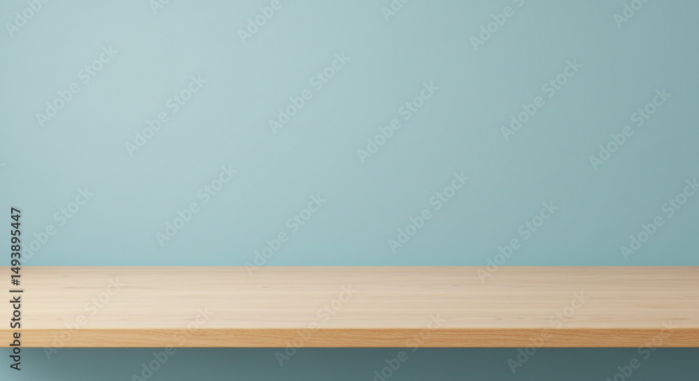 Poster a light wooden shelf against a light blue wall creating a simple and clean background image for prod