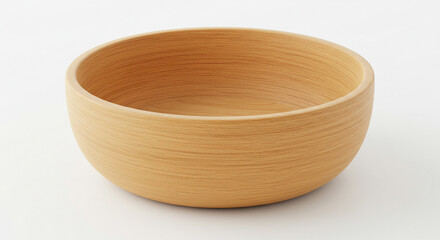 A simple light brown wooden bowl with visible grain on a plain white background in a studio setting