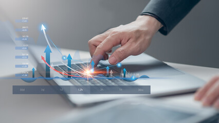 Man touching  growth graph business strategy arrow up concept on economy investment income target and goal increase achievement.  