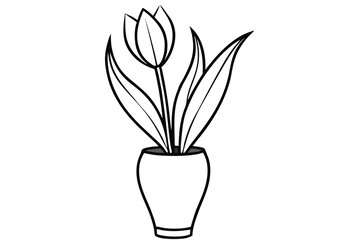 Simple Outlined Tulip Flower in Vase Illustration, Black and White Floral Design