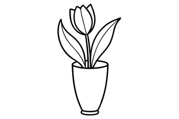 Outline Illustration of a Tulip in a Vase with Long Leaves