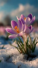 Fototapeta premium Beautiful Blooming Crocuses Emerge From Melting Snow in Springtime Landscape