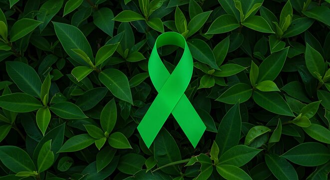 Vibrant Green Ribbon Symbolizing Support and Awareness Laid on Fresh Green Leaves Representing Nature Hope Advocacy and Healing