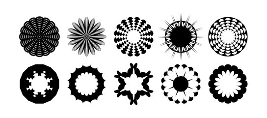 Radial circle lines. Symbol of Sun star rays.  Abstract geometric shapes. Set badges. Vector icon collections. 