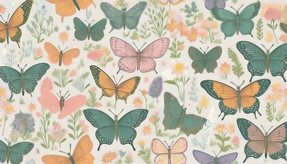 Enchanting Cottagecore Pattern Embellished with Delicate Wings of Butterflies and Moths, a Seamless Design for Whimsical Interiors or Artistic Endeavors