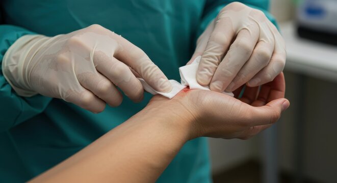 Doctor hands treating small wound on patient arm, Medical procedure close-up, Injury care process, Healthcare professional hands, First aid application