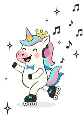 Cute unicorn character. Vector cartoon illustration. Happy roller skating, dancing pony