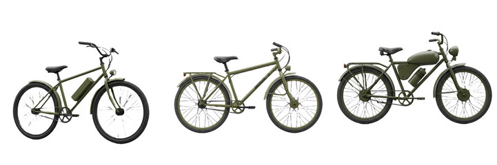 Fototapeta premium Military bicycle patrol scout reconnaissance cycle transport gear silent mobility pedal operation vehicle surveillance equipment isolated on transparent background, png file