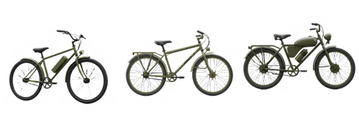 Military bicycle patrol scout reconnaissance cycle transport gear silent mobility pedal operation vehicle surveillance equipment isolated on transparent background, png file