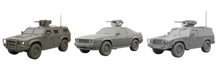 Military combat car armored weapon tactical light reconnaissance patrol vehicle gun turret defense security convoy isolated on transparent background, png file