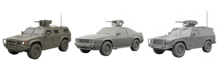 Military combat car armored weapon tactical light reconnaissance patrol vehicle gun turret defense security convoy isolated on transparent background, png file