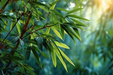 Obraz premium Natural Bamboo Leaves Glistening With Dew in a Tranquil Forest During Early Morning Light