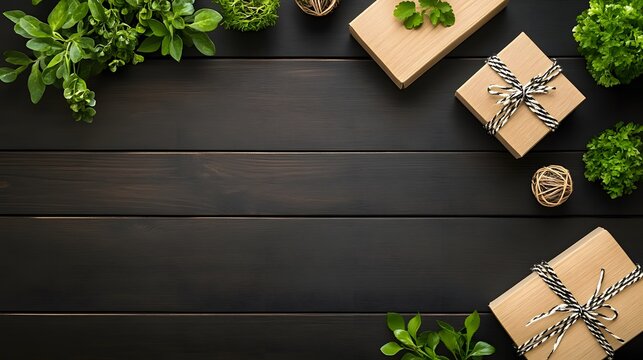 Eco Friendly Gift Boxes on Dark Wood Background